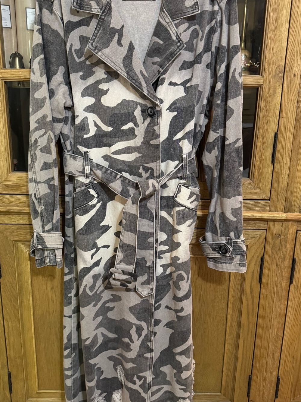 American Bazi Gray Camo Belted Trench Coat Distressed hem